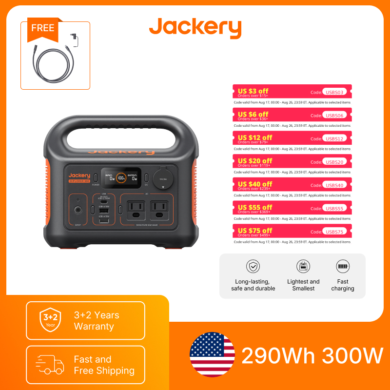 Solar Emergency Charger - สถานีไฟฟ้าพกพา Jackery Explorer 300New พร้อมสายต่อ 5