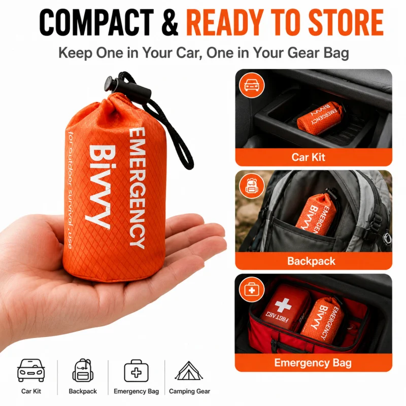 Bivy Bag Emergency - ถุงนอนฉุกเฉิน, ถุงนอนแบบ PE พร้อมฟิล์มอลูมิเนียม มาพร้อมกระเป๋าคุณภาพสูง, นกหวีด